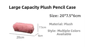 Pink plush pencil case detail with 20x7.5x6cm size dimensions and soft fuzzy texture