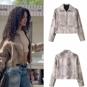 Giacca Da Donna In Scamosciato Lavato Vintage Corta Con Cerniera Maniche Lunghe Risvolto Vestibilità Ampia Streetwear Cappotto