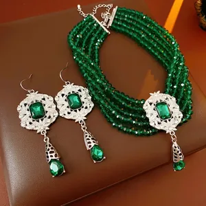 Vintage Jewelry Necklace And Earrings Multi Layer Beads Emerald Water Drop Pendant Palace Style Women Elegant Accessory