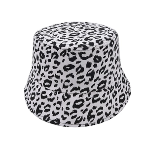 Classic black and white leopard print bucket hat made of canvas with flat top structure