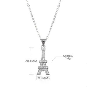 Detailed view of CZ inlaid Eiffel Tower pendant with dimensions 20.4mm by 9.5mm