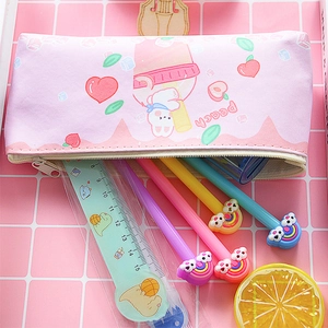 Pink PU leather pencil case with cute cartoon rabbit and peach print for students