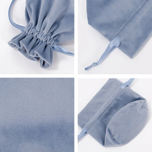 Detailed views of a blue velvet drawstring pouch showing stitching and texture