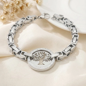 Silver stainless steel tree of life bracelet with white zirconia pavé and link chain