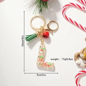 Christmas Letter L Resin Keychain with Red Bell and Green Tassel on Holiday Background