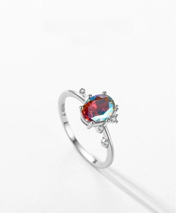 Detailed macro view of S925 sterling silver ring with oval colorful zircon gemstone