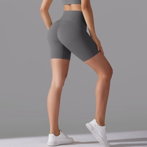Rear view of dark grey high-waist yoga shorts with seamless butt-lifting design