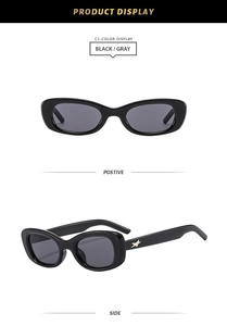 Front and side views of stylish oval black sunglasses with gray lenses for a luxury look