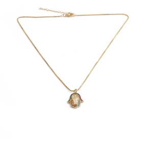 Golden necklace with Hamsa hand pendant featuring inlaid colorful zircon gemstones