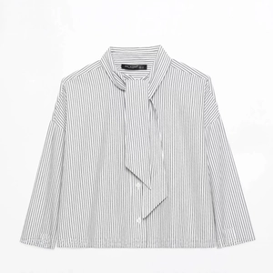 Women's black and white vertical striped long sleeve poplin shirt with tie-neck detail