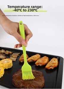 Silicone basting brush spreading oil on steak, heat resistant from -40°C to 230°C