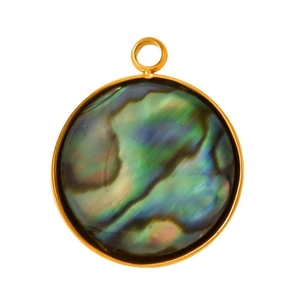 Golden 304 stainless steel round pendant featuring iridescent abalone shell inlay