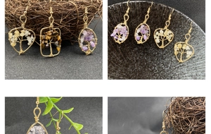 Detail of handmade Tree of Life wire wrapped crystal earrings with natural gemstones