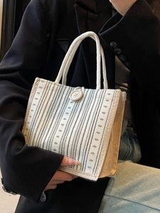 Minimalist striped linen tote bag with button closure and white rope handles for women