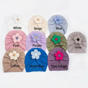 Baby flower turban hats set in ten colors featuring soft ribbed texture and floral detail