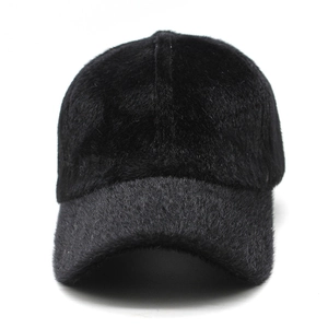 Classic black faux mink fur baseball cap with plush texture and thermal lining