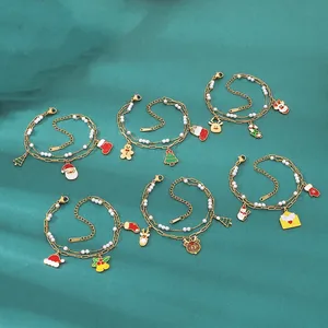 Christmas Layered Bracelet Stainless Steel Enamel Pendants Imitation Artificial Pearl Festive Santa Reindeer Women Jewelry