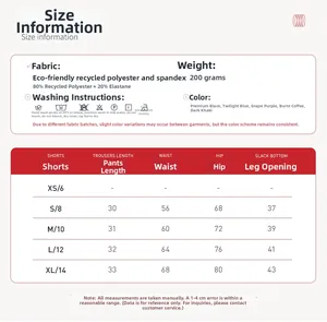 Size chart and fabric details for women's recycled polyester yoga shorts set
