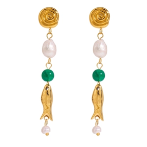 Elegant stainless steel drop earrings with baroque pearls and green beads for women
