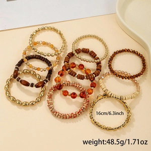 Bohemian multilayer acrylic beaded bracelet set in gold, amber, and brown wood tones