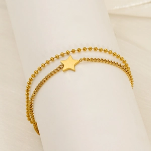 Double-layer stainless steel star bracelet with gold beads and link chain for women
