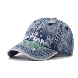 Distressed Washed Cotton Denim Baseball Cap With Paint Splatter And Graffiti Letters Streetwear Adjustable Sun Hat Unisex