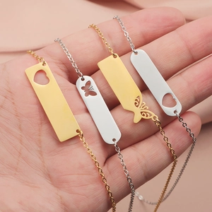 Customizable stainless steel bar bracelets with hollow heart and butterfly designs