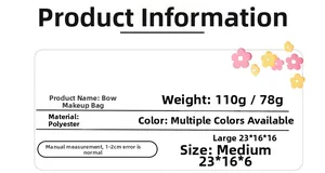 Size chart for polyester bow cosmetic bag showing large and medium dimensions
