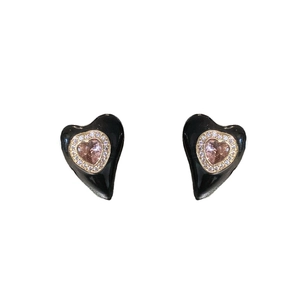 Gold-plated heart earrings with black enamel, pink gemstone center and tiny crystals