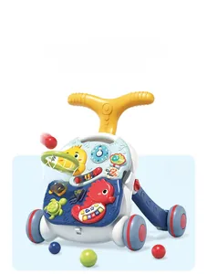 Blue baby walker with educational music panel, interactive gears and anti-slip wheels