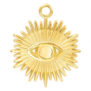 Gold stainless steel evil eye sunburst pendant with 18k plating and top ring