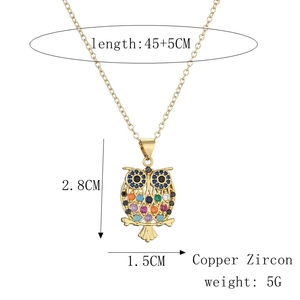 Detailed dimensions of owl pendant necklace with colorful zircon and gold plating