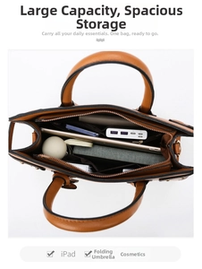 Top-down view of a spacious brown faux leather tote bag with iPad and daily essentials