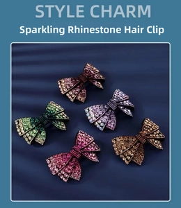 Detail of colorful bow rhinestone hair clips with gradient crystals in five vibrant colors