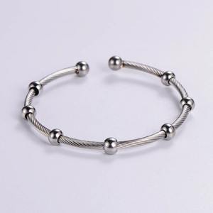 Minimalist silver steel wire cable cuff bracelet with seven movable round metal beads