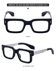 Detail view of bold black square frame with silver metal temples and geometric engraving