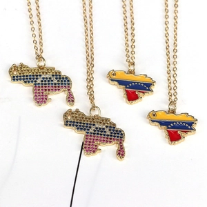 Venezuela Map Pendant Necklace For Men Women Gold Plated Flag Colors Zirconia Inlaid Enamel Drip Oil Map Jewelry Gift