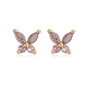 Detail of elegant gold butterfly earrings with purple and pink zircon inlay stones