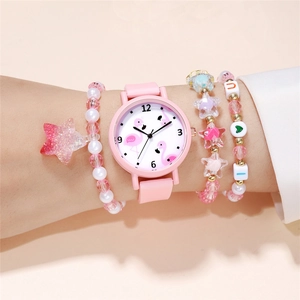 Coffret montre rose motif flamant rose avec bracelets à perles assortis pour filles