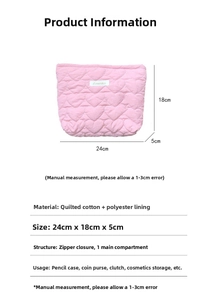 Detailed size specifications of pink quilted heart cotton makeup bag with zip closure