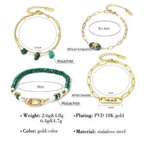 Detail view of gold PVD plated stainless steel bracelets with natural malachite and turquoise