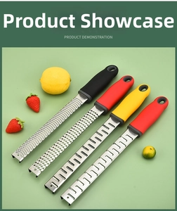 Detailed view of four stainless steel graters with non-slip handles for kitchen baking use