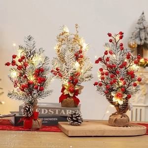 Mini Christmas Tree Desktop Ornament LED Lights PVC Flocked Red Berries Burlap Base Home Office Decoration