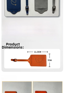 Close-up of a PU leather travel tag showing 11.3cm length and 7cm width dimensions