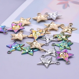Pentagram star charms with smiling moon face in gold, silver and rainbow plating
