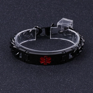 Close-up of black stainless steel medical alert bracelet with red Star of Life symbol