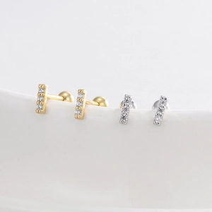 Minimalist S925 silver bar stud earrings with sparkling pavé zircons in gold and silver