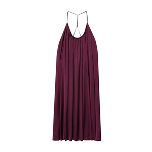Elegante abito lungo in raso viola scuro con spalline incrociate e scollo a V