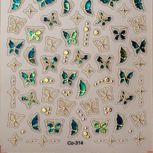 3D butterfly nail art stickers with blue gradient relief and gold metallic outlines