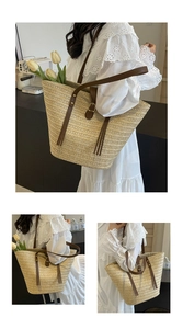 Detail of hand-woven straw tote bag with brown PU leather straps and adjustable buckles